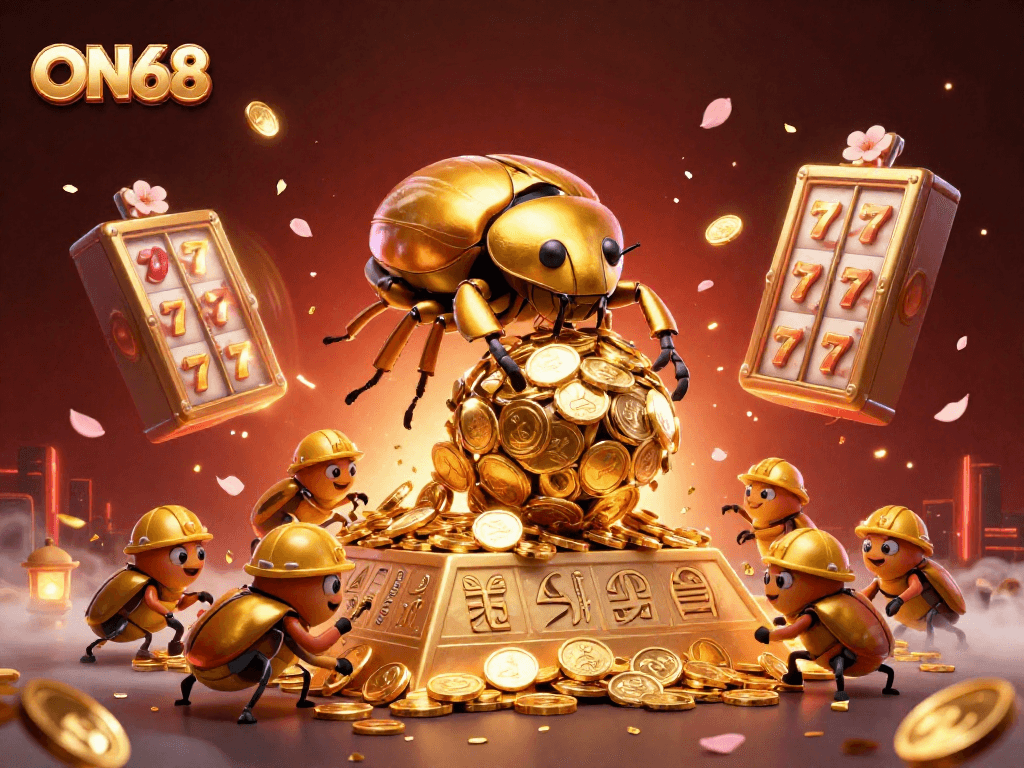 Experience rich gaming with ON68, featuring a golden dung beetle rolling coins in a vibrant casino scene.