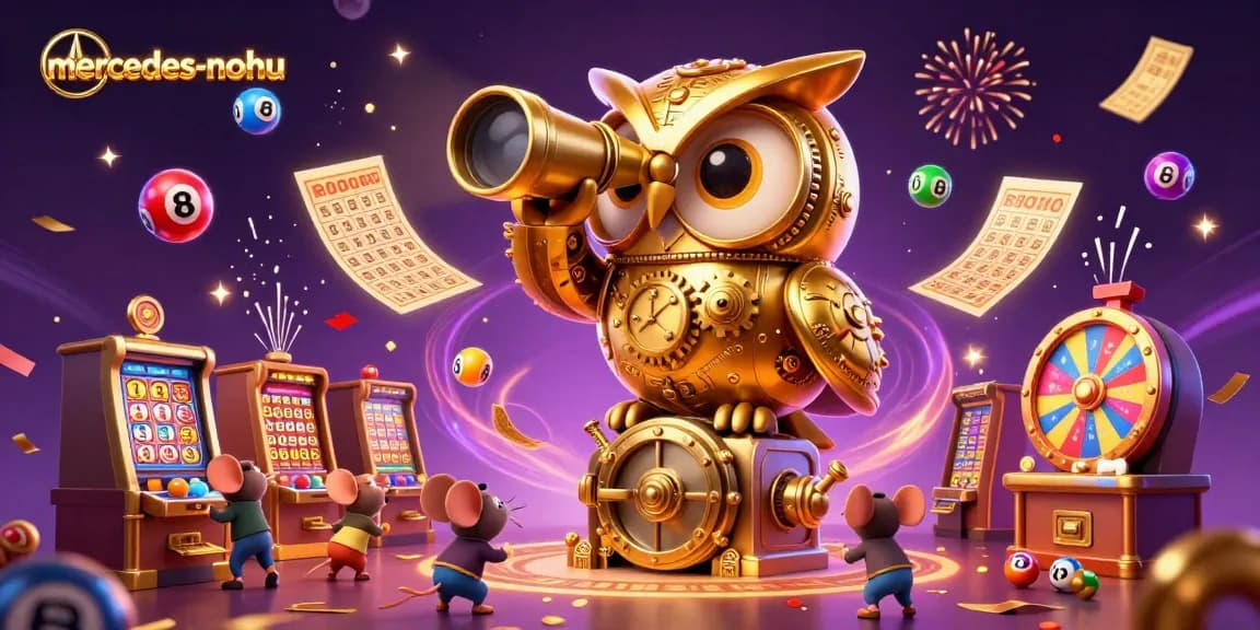 Experience the thrill of mercedes-nohu with a vibrant 3D casino scene featuring an animated owl and lottery elements.