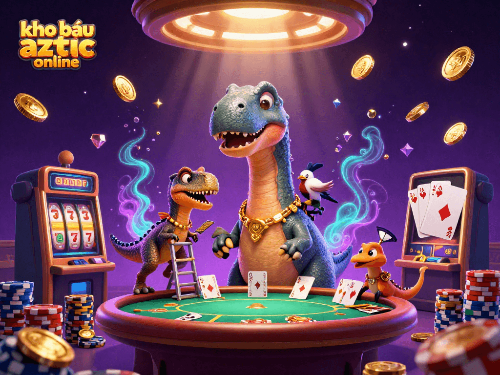 Experience excitement with kho báu aztec online as a giant brontosaurus reigns over a vibrant casino scene.