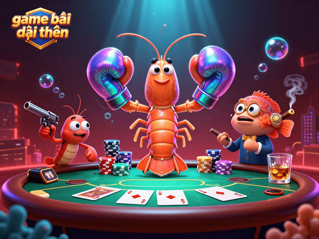 Engage in game bài đổi thưởng with vibrant 3D cartoon shrimp at a dynamic poker scene.
