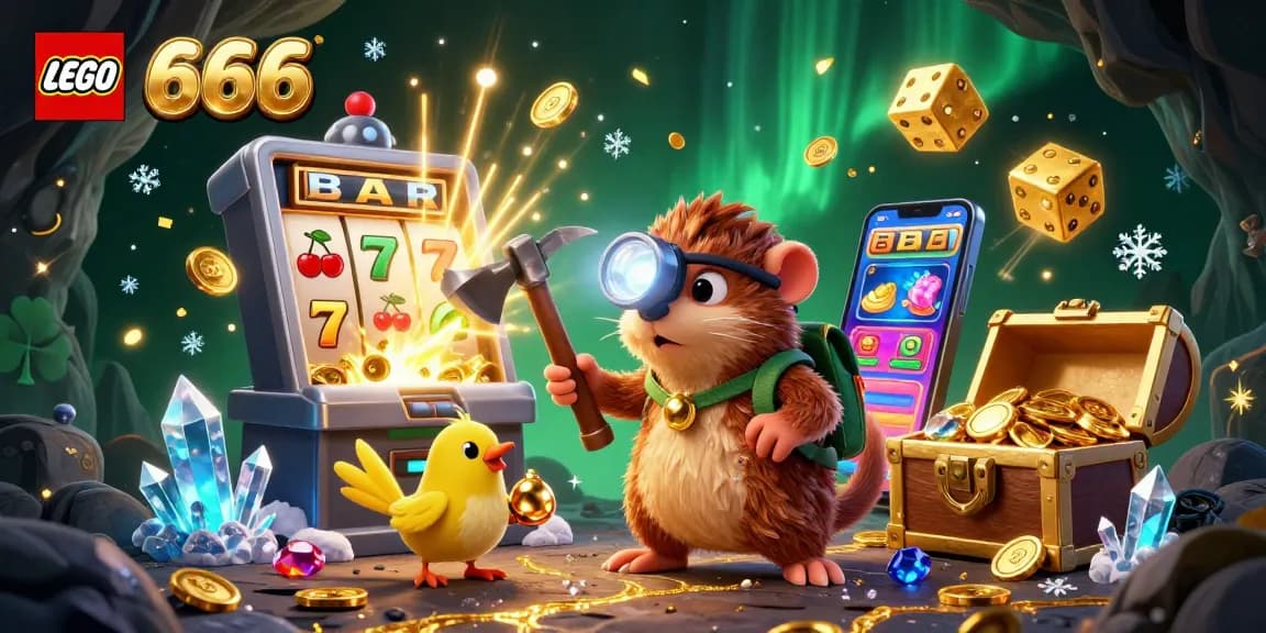 Lego66 vibrant 3D cartoon illustration showcasing an exciting slot machine jackpot scene with treasure hunter characters.