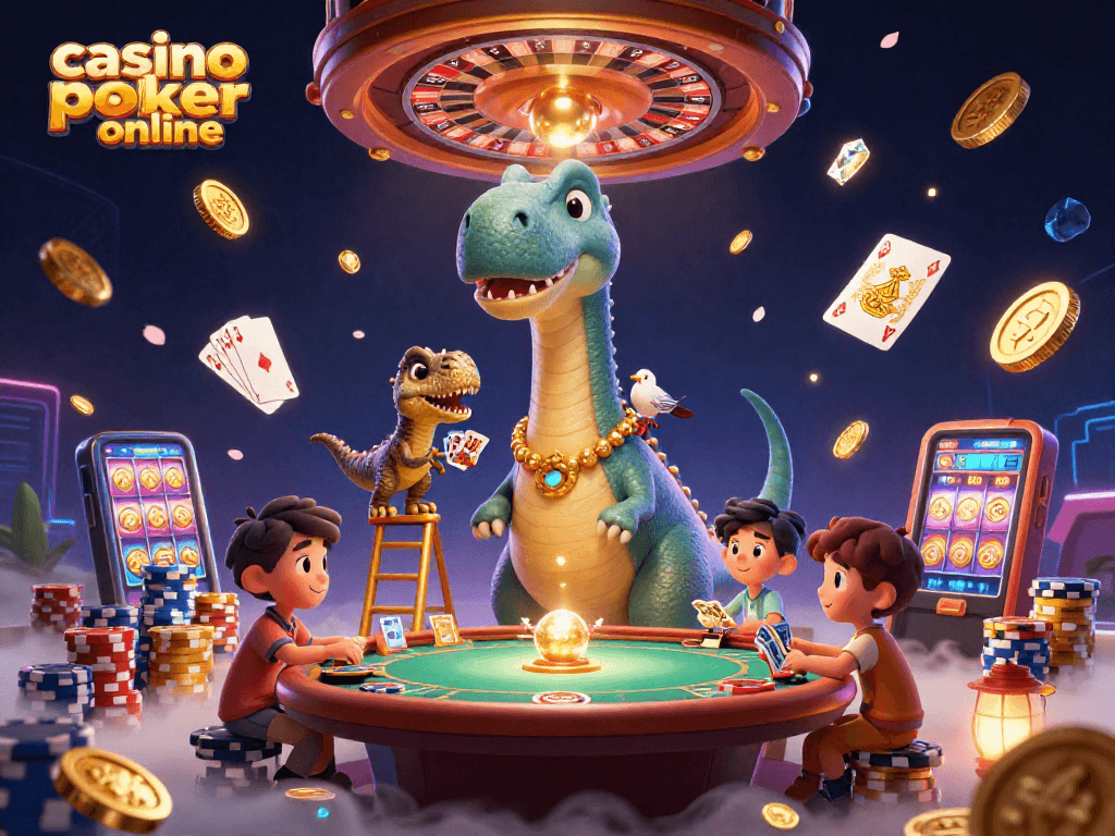 Experience thrilling action in casino poker online with a comedic dinosaur and clever raptor dealing cards.