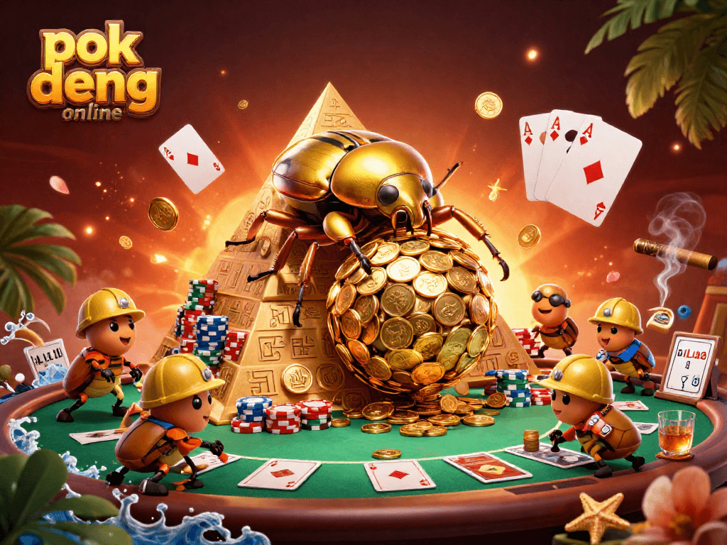 Experience the thrill of pok deng online with golden beetles rolling coin-rich pyramids in a vibrant casino scene.