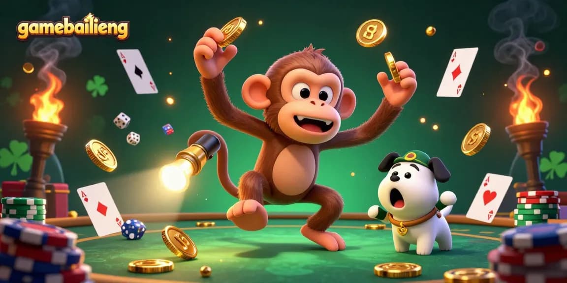 Engage with gamebailieng, showcasing a mischievous monkey and curious puppy in a vibrant casino setting.