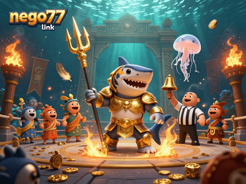 Engage with the thrilling nego77 link in this vibrant underwater casino illustration featuring a tiger shark gladiator.
