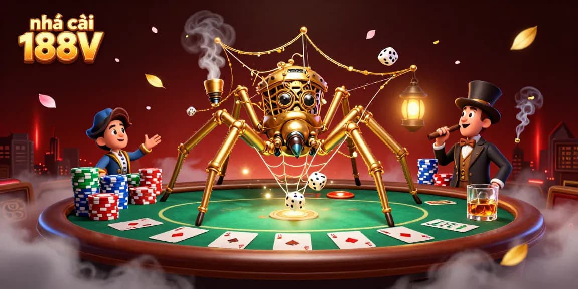 Capture thrilling moments at nhà cái 188V with a dynamic poker scene featuring a golden spider weaving its web around lucky game elements.