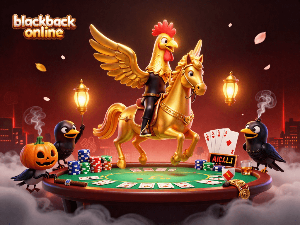 Experience thrilling blackjack online action in a detailed casino scene with a golden rooster and poker elements.