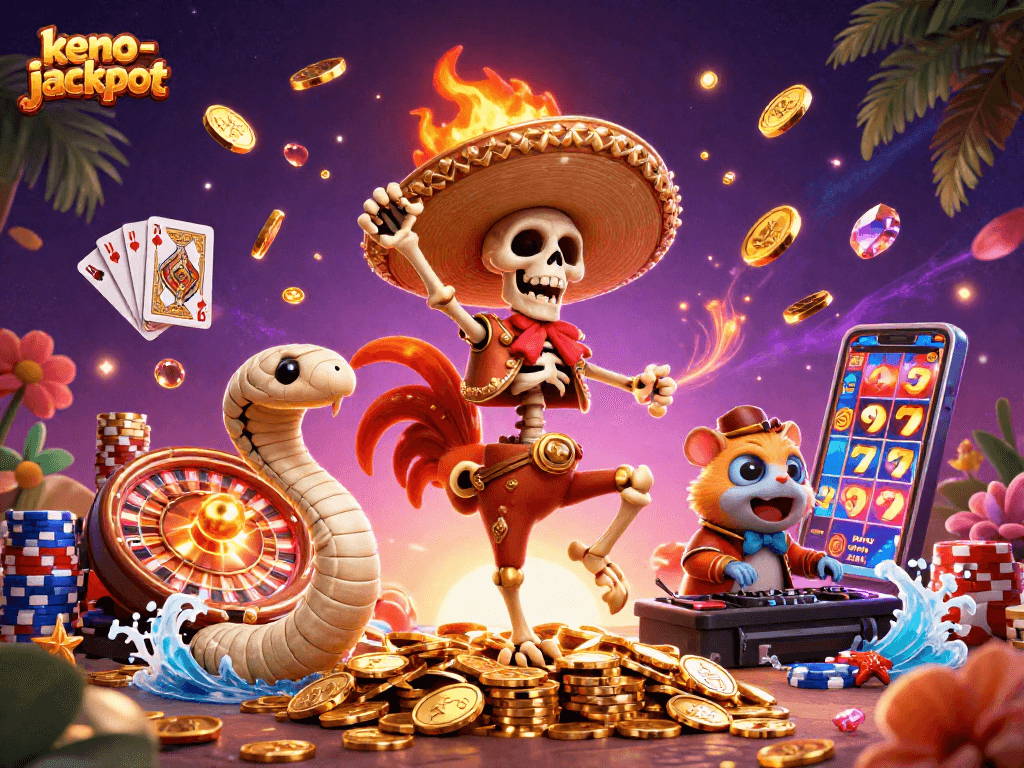 Experience the excitement of keno-jackpot with dynamic characters celebrating among golden coins.