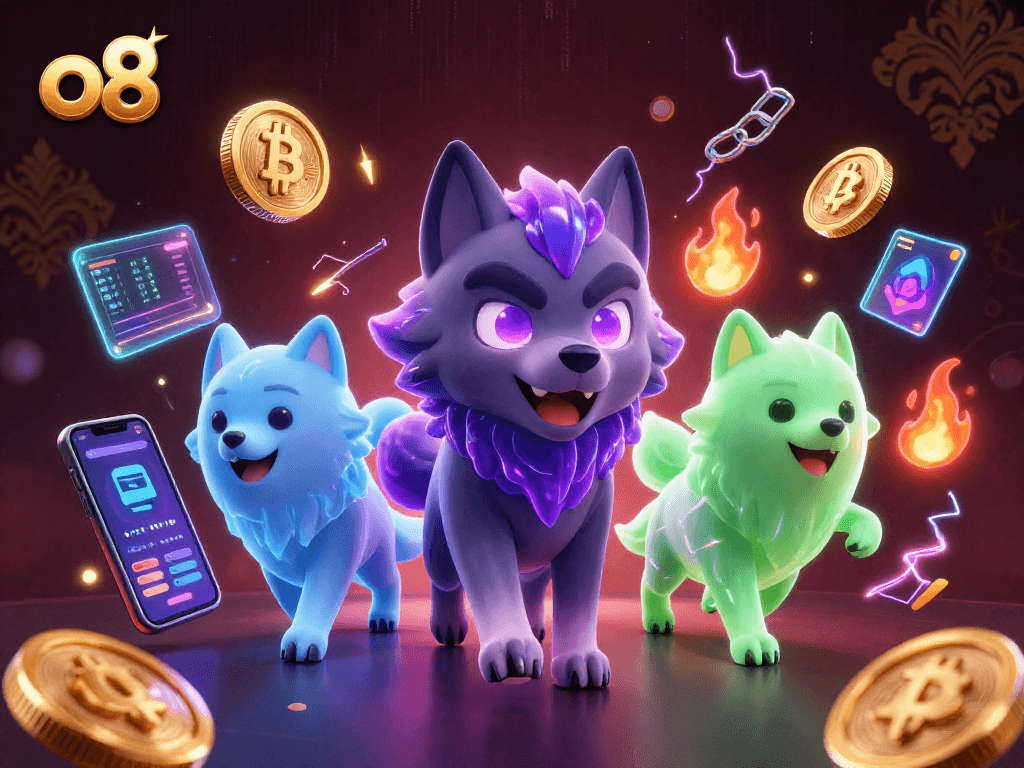 Engage with the dynamic o8 gaming scene featuring 3D wolf characters and crypto elements for an immersive casino experience.