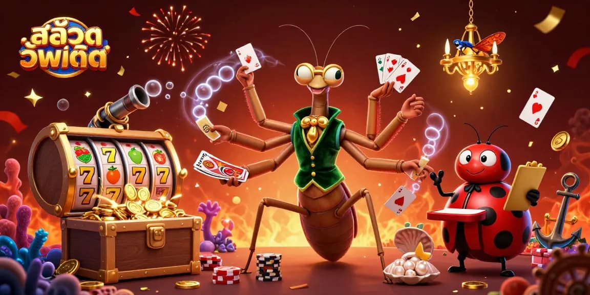 Play exciting slots with สล็อตอัพเดท in an immersive 3D casino scene filled with vibrant characters and rich gaming elements.
