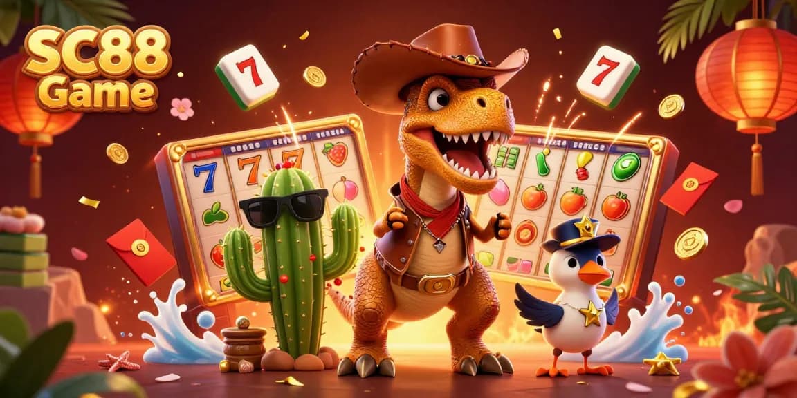 Experience the thrill of SC88 Game with vibrant T-Rex and slot elements in a playful casino illustration.