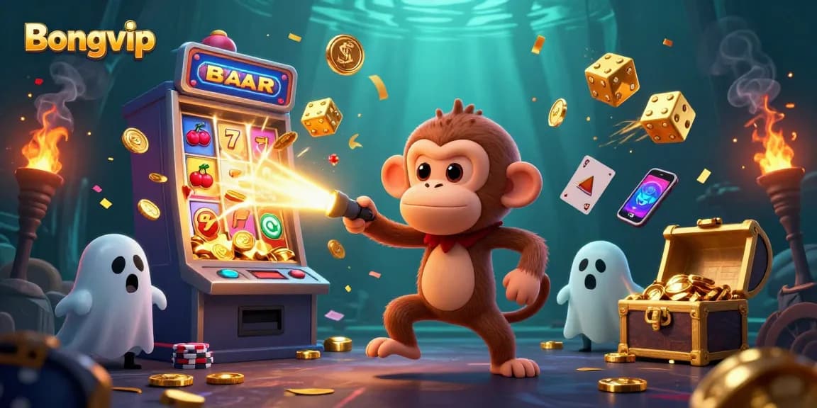 Bongvip brings excitement as a mischievous ghost monkey juggles gold coins in a vibrant haunted casino scene.