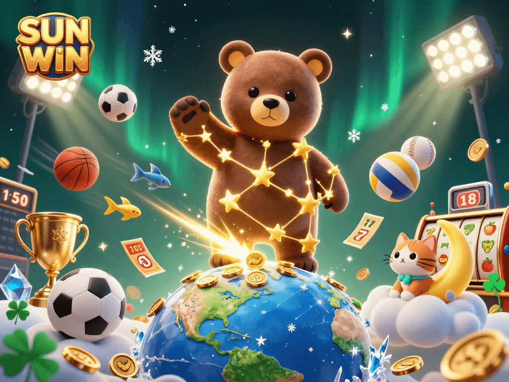 Scoop coins and spin to win with SUN WIN's vibrant 3D casino illustration, showcasing dynamic sports elements.