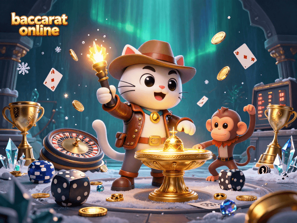 Play baccarat online with a dynamic scene featuring an adventurous cat and monkey amidst casino riches.