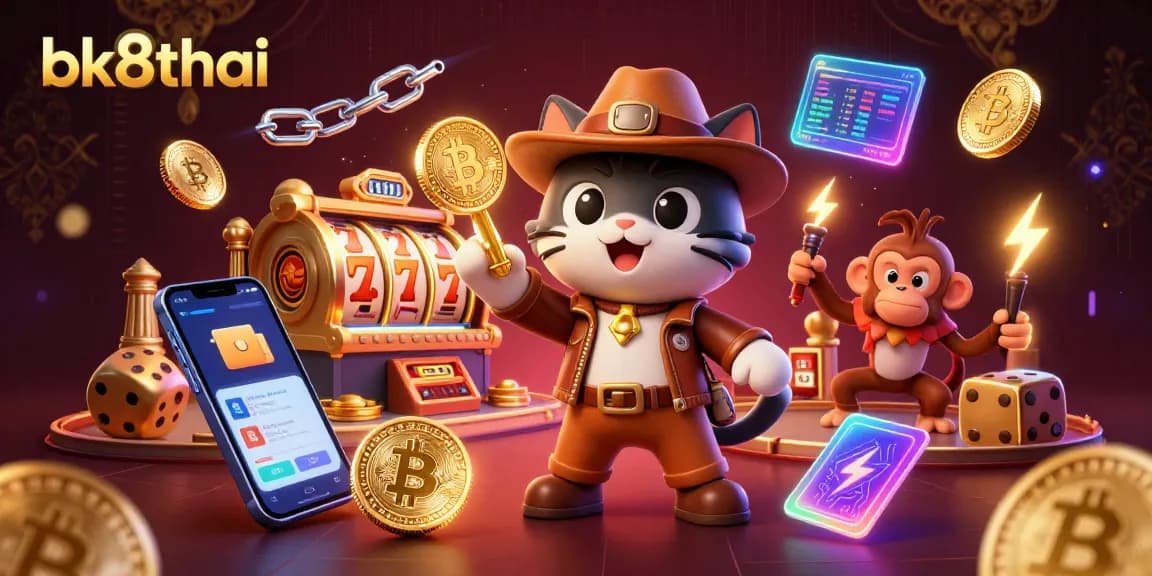 Engage with bk8thai in a vibrant 3D scene showing a cartoon archaeologist cat uncovering casino treasures amidst digital cryptocurrency elements.