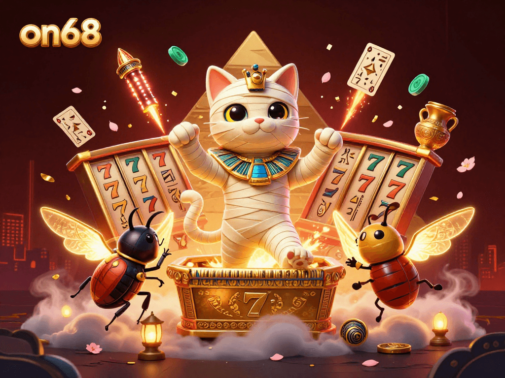 Experience the thrill of on68 with a vibrant mummy cat and scarab in a dynamic casino scene.