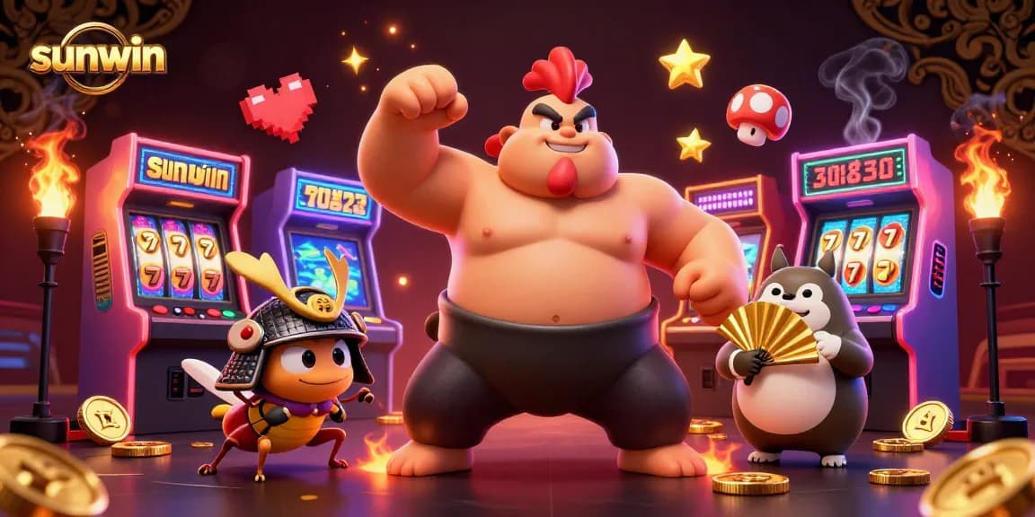 Engage in thrilling gameplay with sunwin’s powerful sumo wrestler rooster, samurai cricket, and tanuki announcer in a vibrant casino atmosphere.