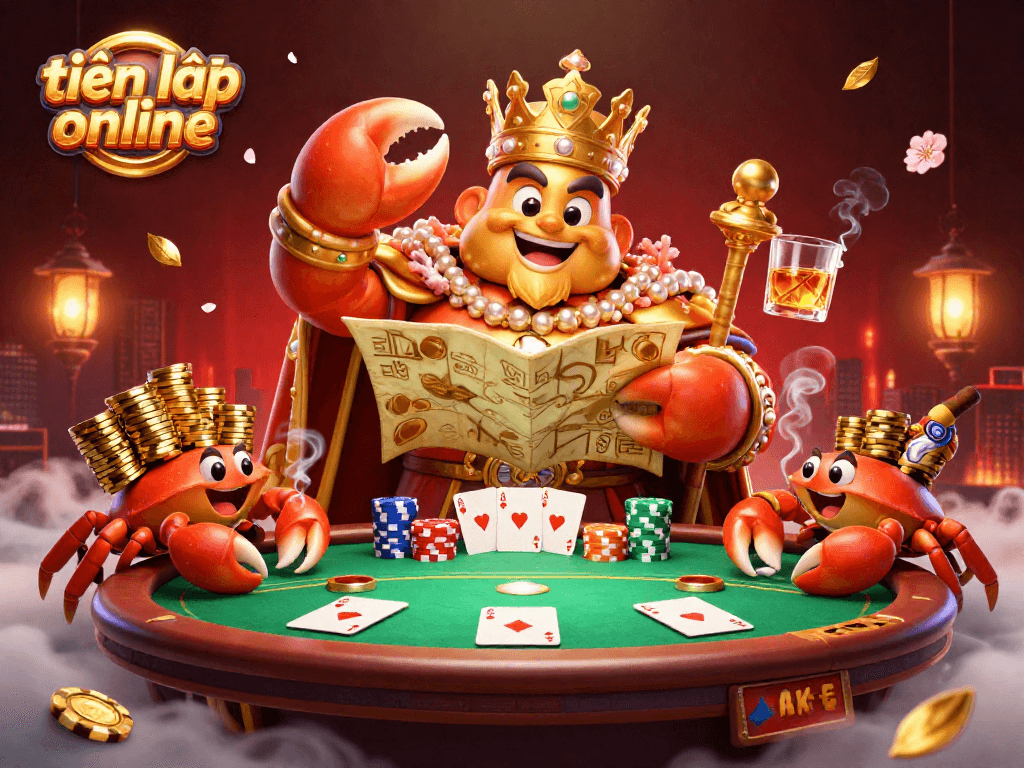 Engage in tiến lên online with a vibrant scene featuring a golden crab emperor and treasure in a lively casino atmosphere.