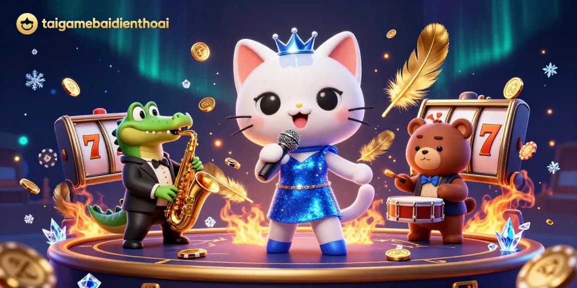 Engage in the thrilling world of taigamebaidienthoai with a jazz-singing cat, a sax-playing crocodile, and a bear drummer in a dynamic casino scene.