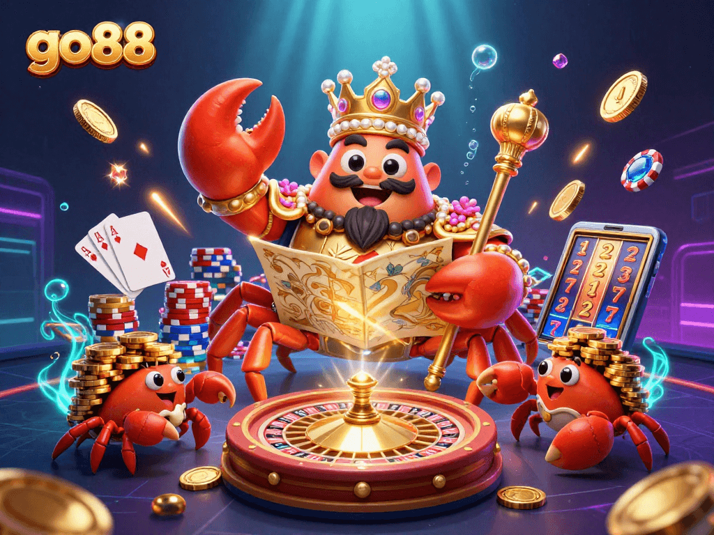 Go88 casino scene featuring a golden crab emperor, treasure map, and lucky symbols.