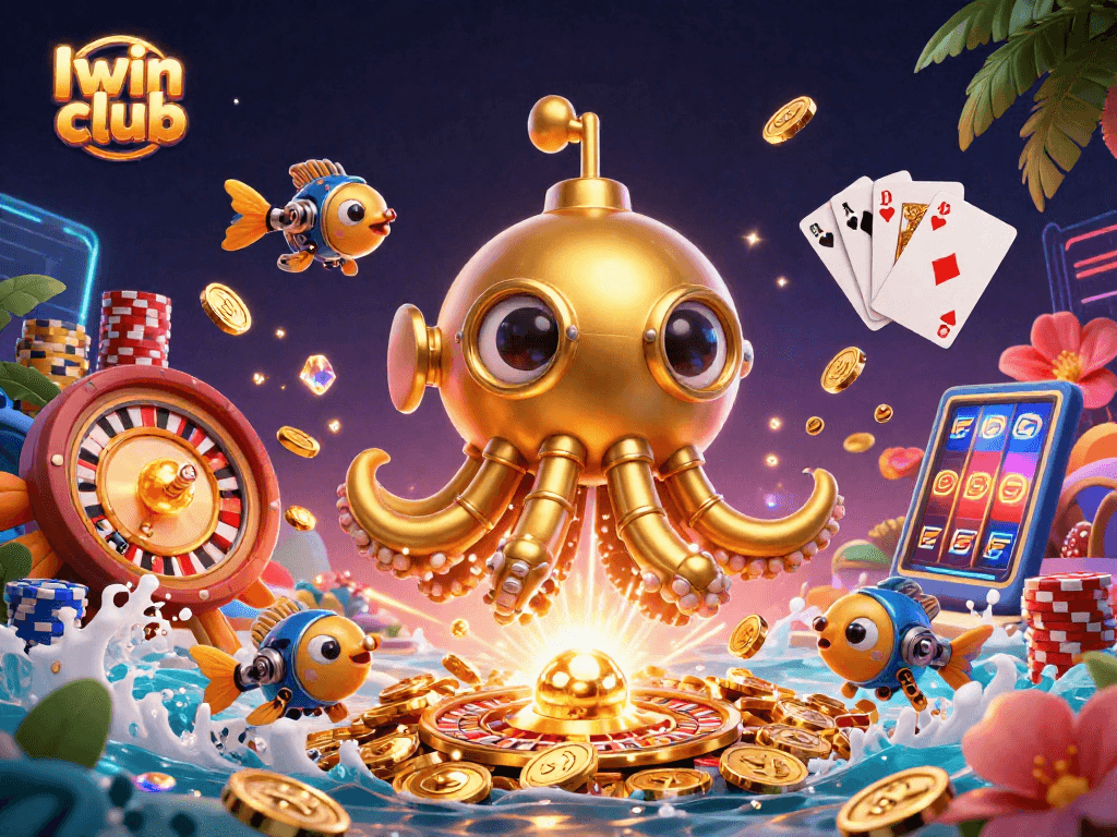 Iwin club showcases thrilling gameplay with a golden kraken submarine amidst a sea of coins