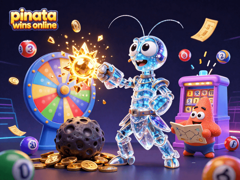 Spin and win with pinata wins online in this festive 3D illustration filled with vibrant colors and prize elements.