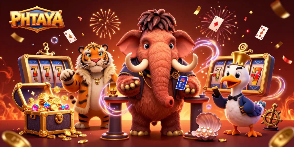 PHTAYA betting scene with 3D characters in a vibrant casino atmosphere featuring slot reels and golden treasures.