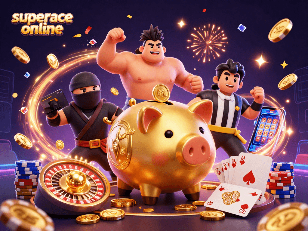 Experience thrilling wins with superace online featuring a golden sumo wrestler and vibrant casino elements.