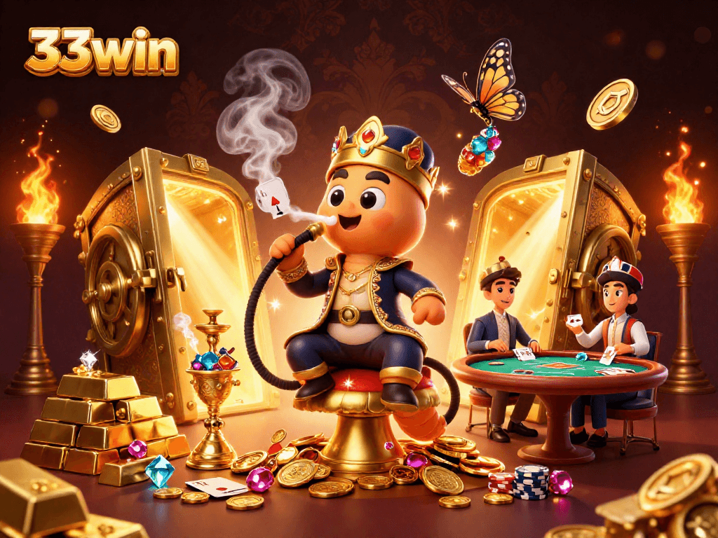 33win showcases a vibrant casino scene with a sultan caterpillar and rich golden elements.
