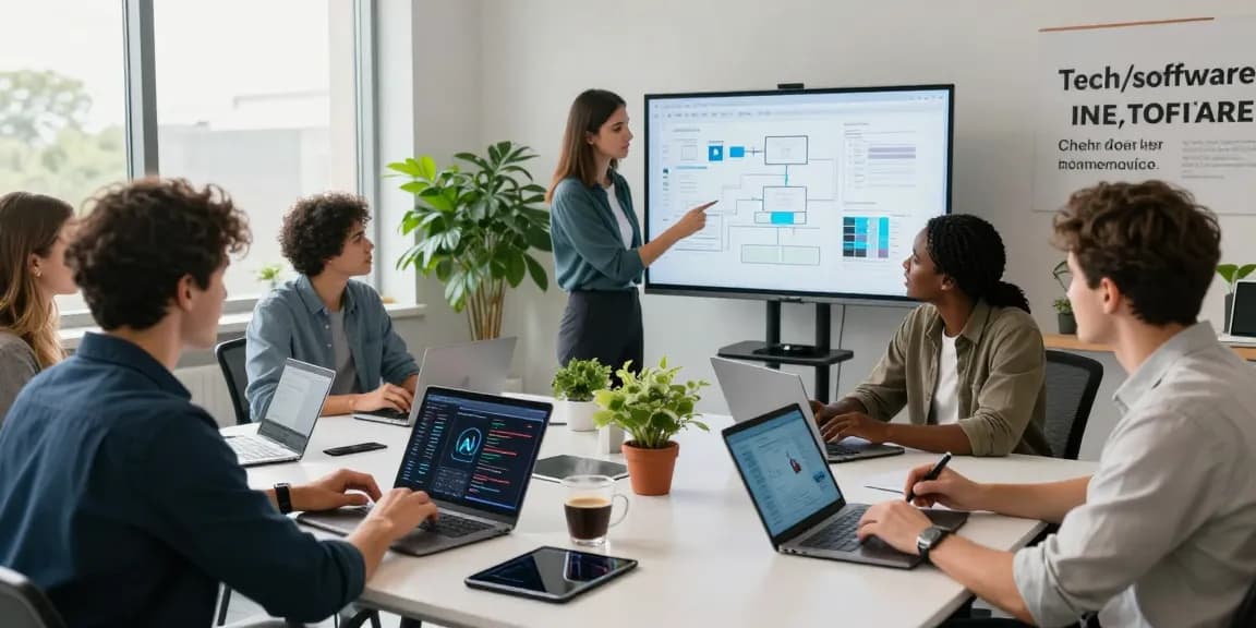 Team collaborating using the best AI tools in a modern tech workspace, showcasing laptops, digital whiteboard, and creative atmosphere.