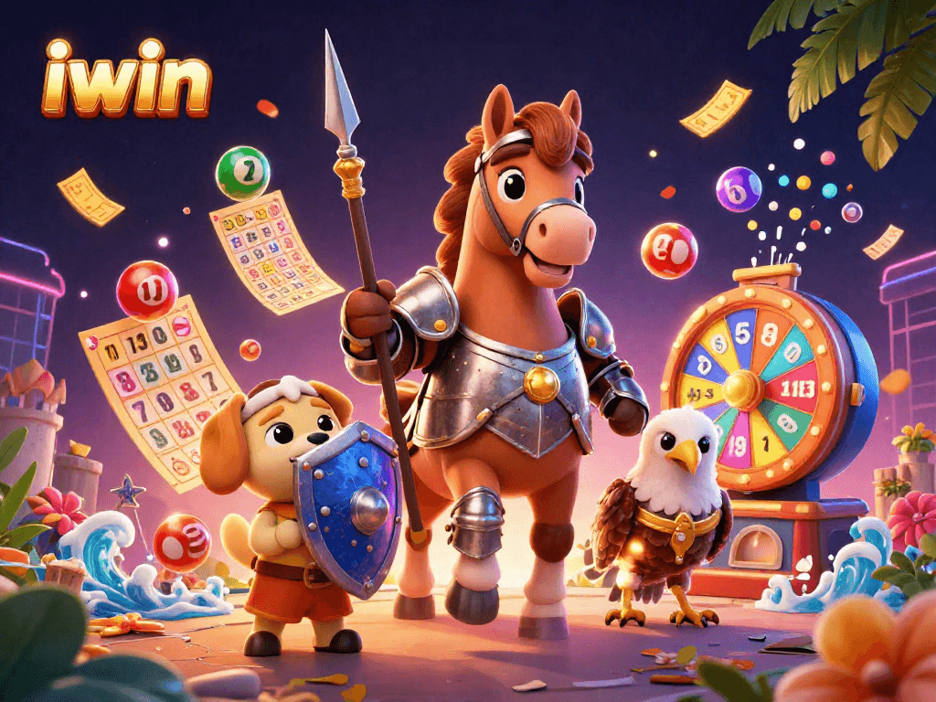 iwin showcases a thrilling lottery scene with a knight, squire, and falcon amid vibrant gaming elements.
