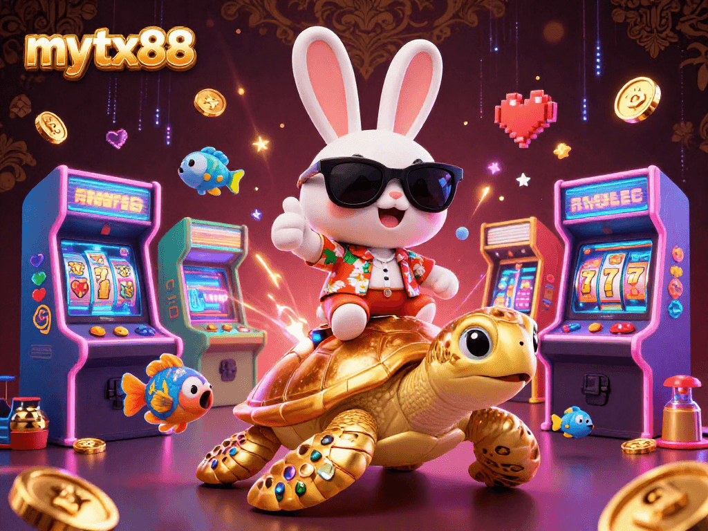 Betting on vibrant adventure with mytx88's lucky rabbit and gem-studded turtle in a casino world.