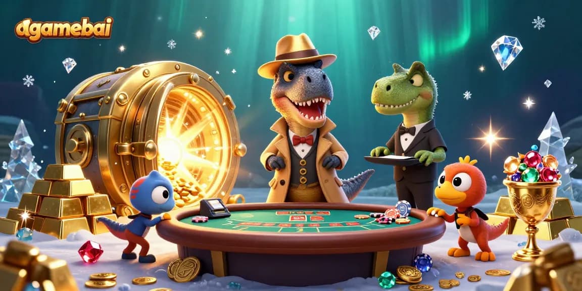 Count cards with the agamebai velociraptor at a blackjack table, surrounded by treasure.