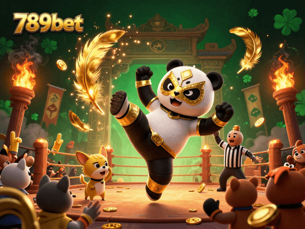 Experience the excitement of 789bet with a panda wrestler kicking amid cheers and golden elements.