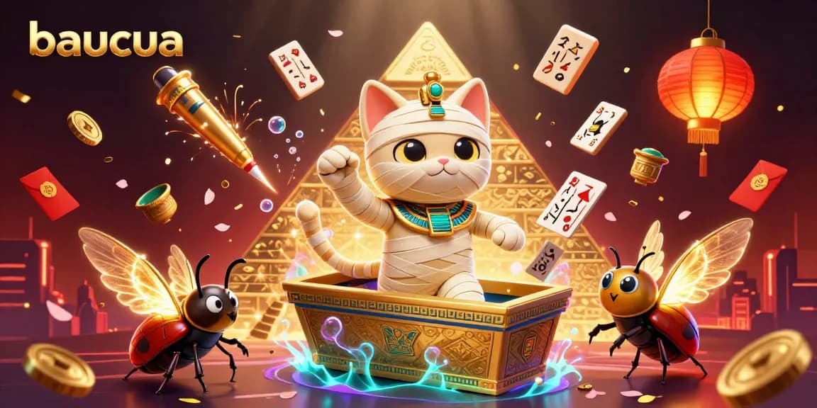 Experience the excitement of baucua with a 3D cartoon Egyptian mummy cat in an immersive casino scene.