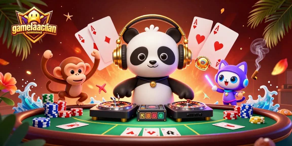 Gamebaidangian showcases a lively casino scene with a DJ panda and vibrant characters in action.