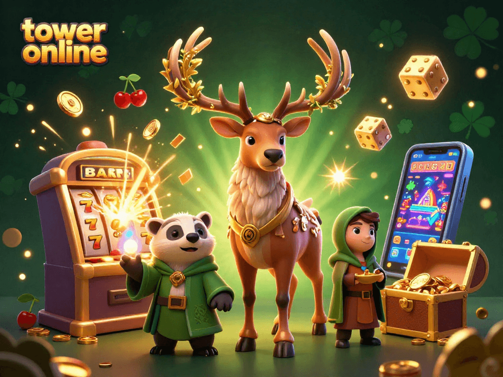 Experience thrilling gameplay with tower online as a Celtic druid stag and wise badger celebrate a jackpot.