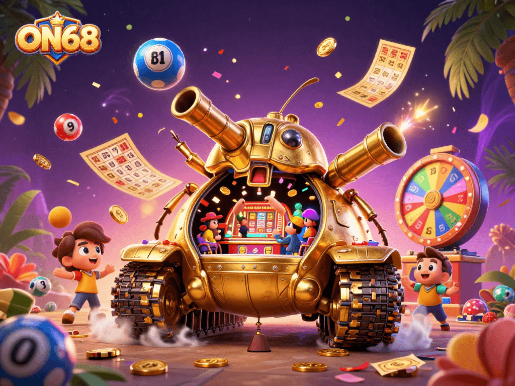 Experience ON68's vibrant casino scene with a dynamic 3D cartoon beetle tank, colorful lottery elements, and thrilling confetti effects.