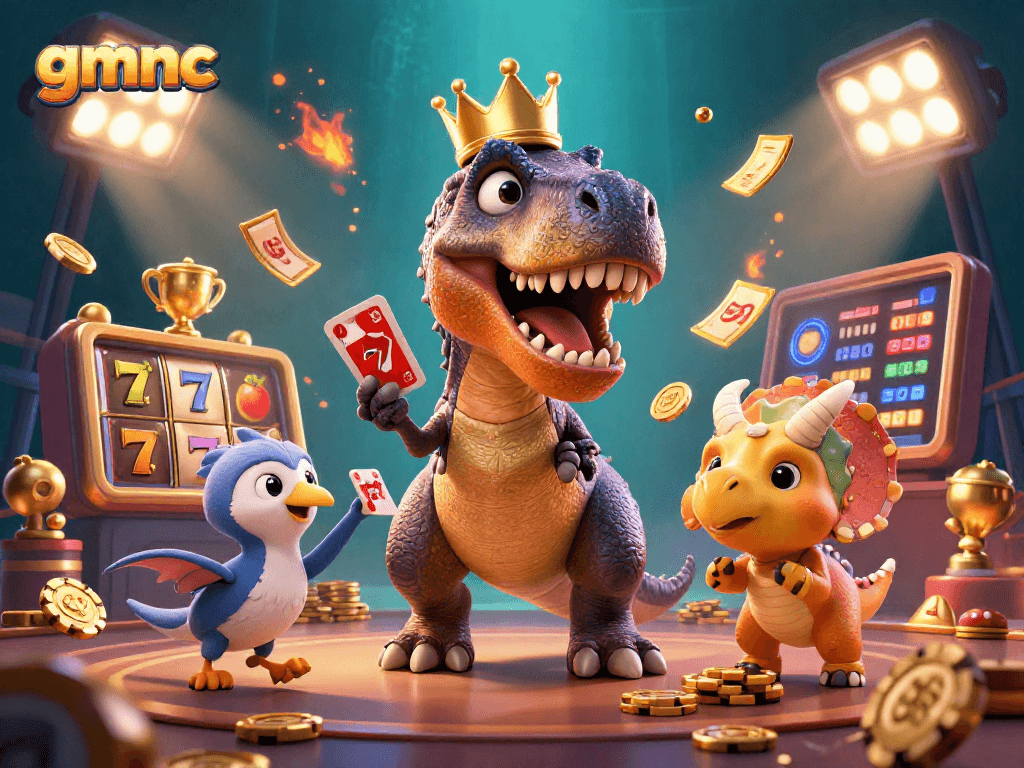 Win big at gmnc with a playful T-Rex, golden chips, and spinning slot reels in an exciting casino scene.