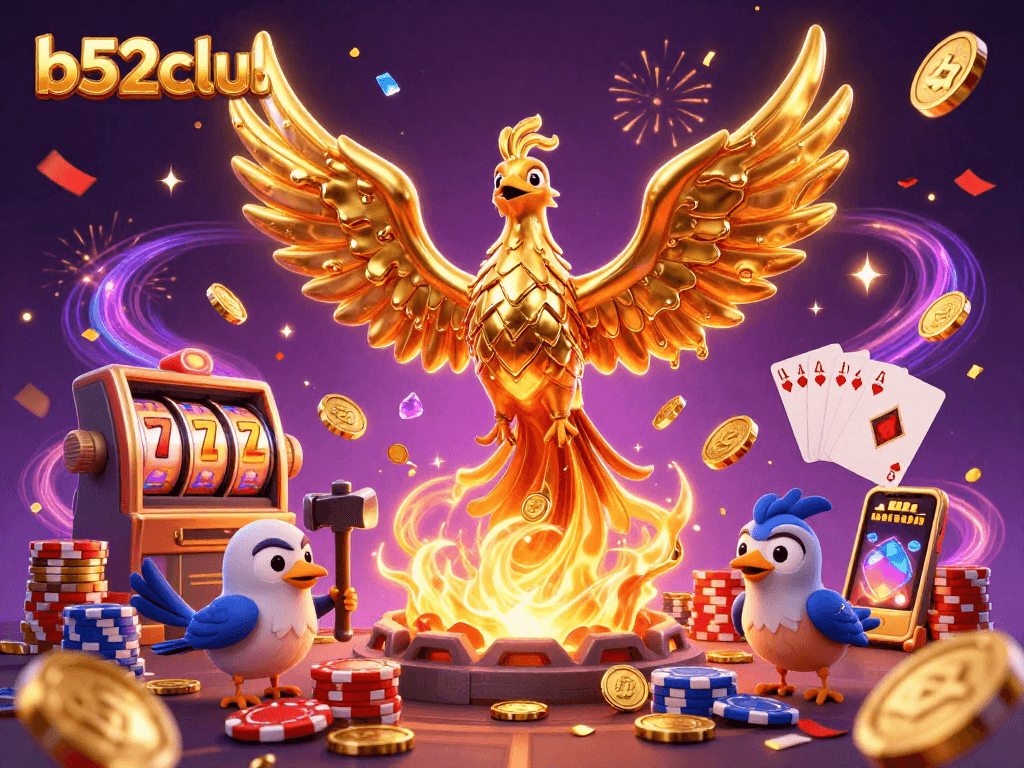 b52club brings excitement with a golden phoenix, dazzling slot reels, and festive casino atmosphere.