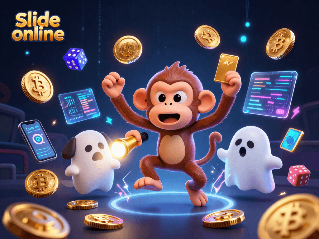 Engage with the excitement of slide online gameplay, featuring animated characters and crypto elements.