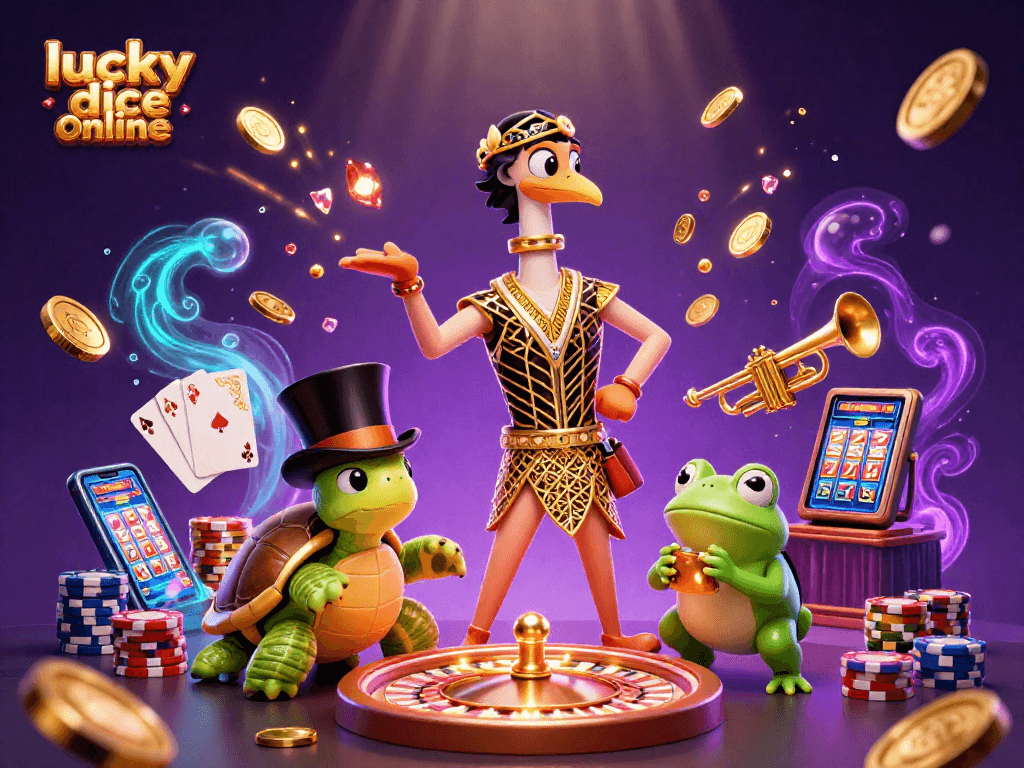 Play lucky dice online with excitement as colorful characters and dazzling casino elements come to life.