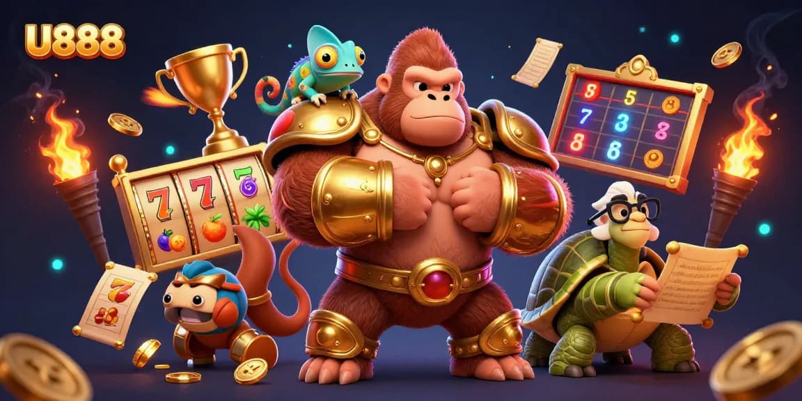 Engage with U888's electrifying slots scene featuring a gorilla king, chameleon, and tortoise!