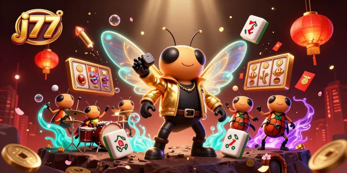 Experience the excitement of j77 with a vibrant casino scene featuring a rock star and engaging gaming elements.