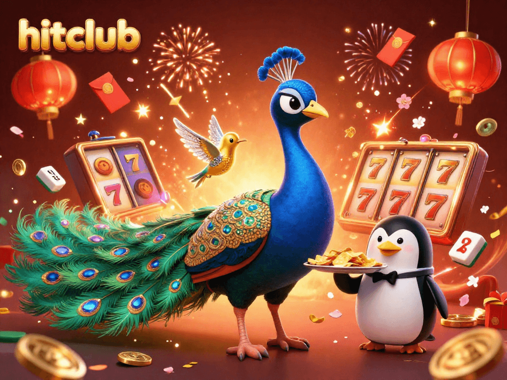 hitclub's captivating scene showcases a peacock, penguin, and hummingbird celebrating with slots and confetti.