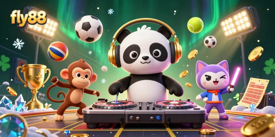 Experience excitement at fly88 with a vibrant 3D casino scene featuring a DJ panda, breakdancing monkey, and a glow-stick kitten.