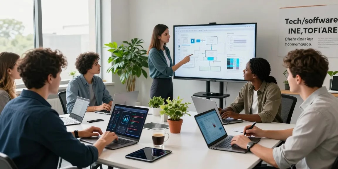 Team collaborating using the best AI tools in a modern tech workspace, showcasing laptops, digital whiteboard, and creative atmosphere.