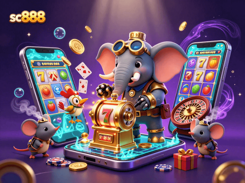 Spin for jackpots with sc888's vibrant 3D steampunk slots scene featuring dynamic characters and effects.