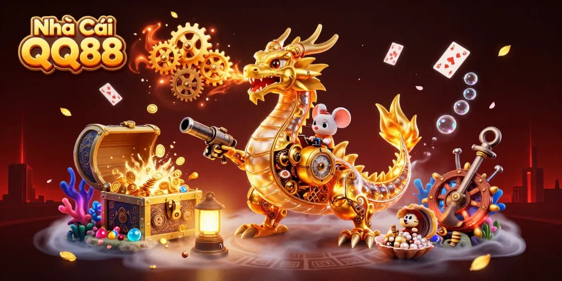 Engage in gaming action with Nhà Cái QQ88 as a golden dragon breathes gears and cogs.