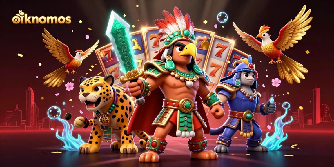 Spin the reels at oikonomos with Aztec warriors in a vibrant, action-packed casino scene.